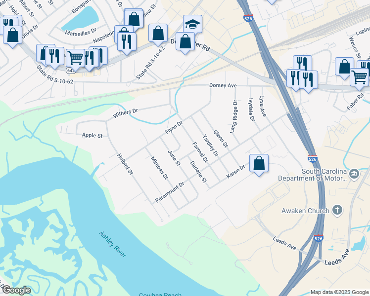 map of restaurants, bars, coffee shops, grocery stores, and more near 4760 Linda Street in North Charleston