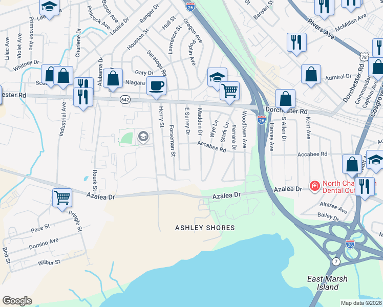 map of restaurants, bars, coffee shops, grocery stores, and more near 2747 East Surrey Drive in North Charleston