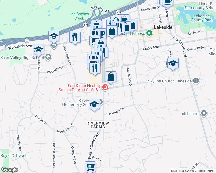 map of restaurants, bars, coffee shops, grocery stores, and more near 12118 Lemon Crest Drive in Lakeside