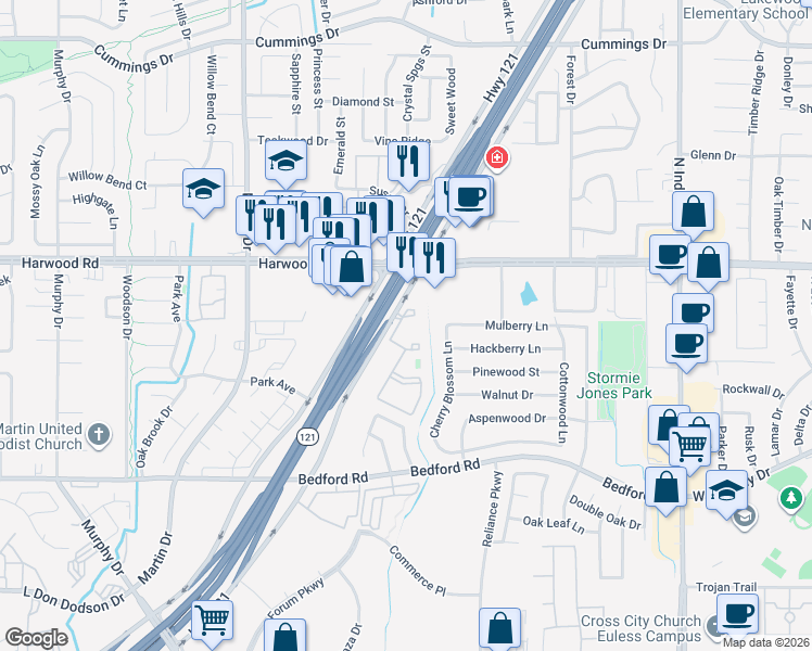 map of restaurants, bars, coffee shops, grocery stores, and more near 2452 Highway 121 in Bedford