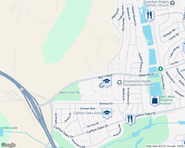 map of restaurants, bars, coffee shops, grocery stores, and more near 8615 Chaparral Way in Santee