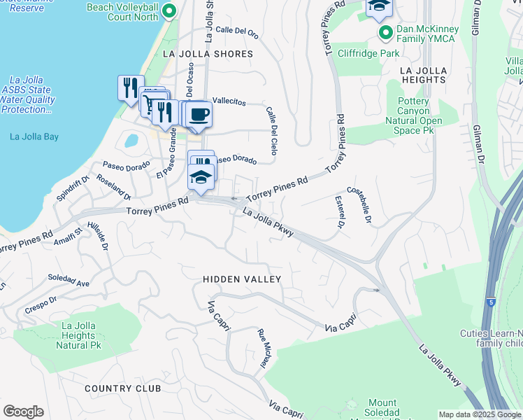 map of restaurants, bars, coffee shops, grocery stores, and more near 2400 Azure Coast Drive in San Diego
