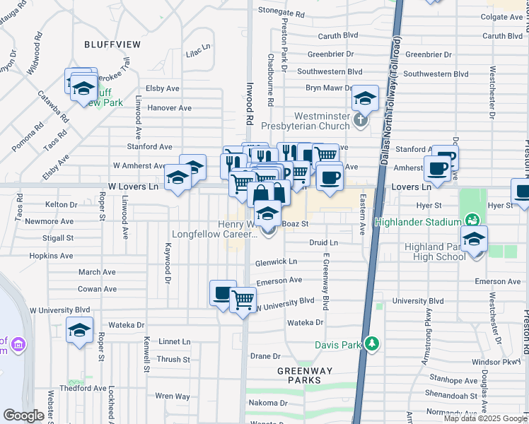 map of restaurants, bars, coffee shops, grocery stores, and more near 165 Inwood Village in Dallas