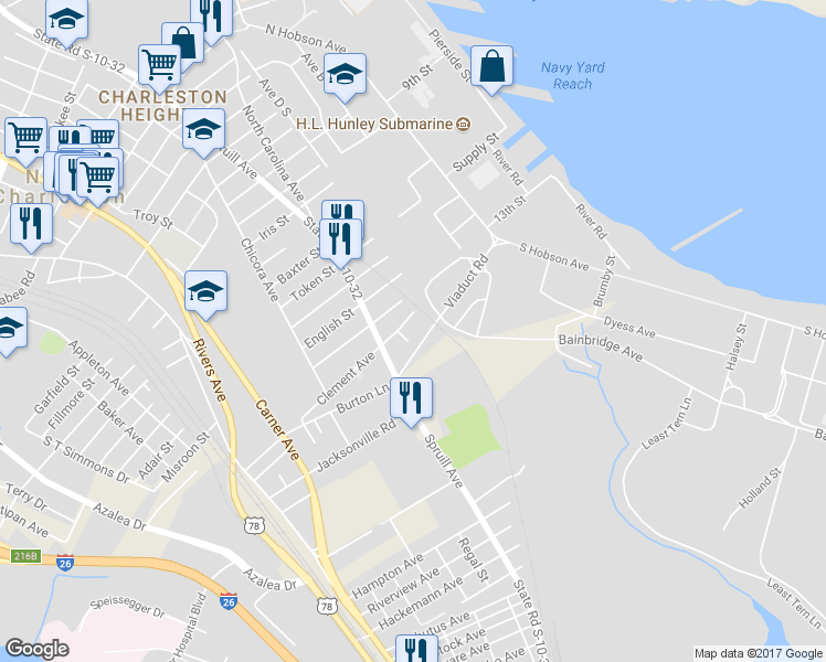 map of restaurants, bars, coffee shops, grocery stores, and more near 1806 Clements Avenue in North Charleston