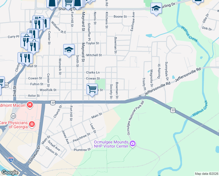 map of restaurants, bars, coffee shops, grocery stores, and more near 1038 Woolfolk St in Macon
