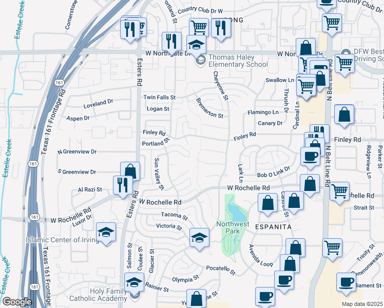 map of restaurants, bars, coffee shops, grocery stores, and more near 3901 Sun Valley Ct in Irving
