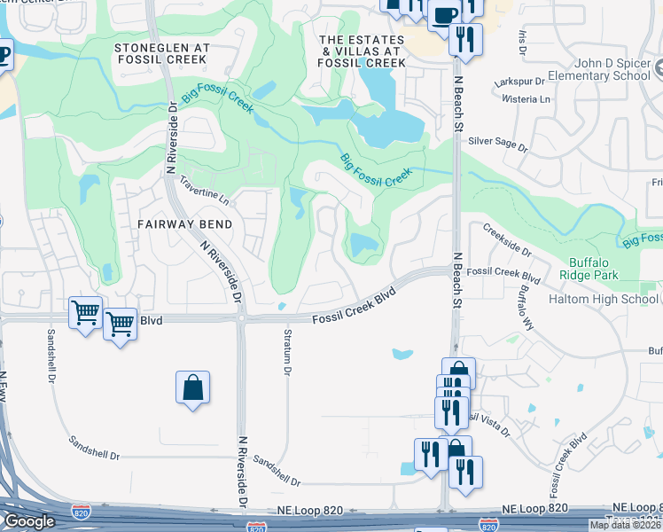 map of restaurants, bars, coffee shops, grocery stores, and more near 5735 Walnut Creek Drive in Fort Worth