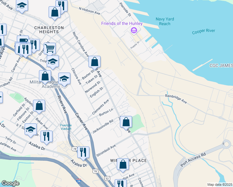 map of restaurants, bars, coffee shops, grocery stores, and more near 1815 Clement Avenue in North Charleston