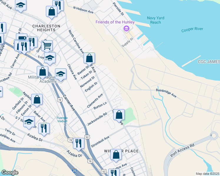 map of restaurants, bars, coffee shops, grocery stores, and more near 1815 Clement Avenue in North Charleston