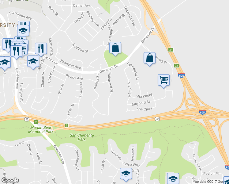 map of restaurants, bars, coffee shops, grocery stores, and more near 6011 Gullstrand Street in San Diego