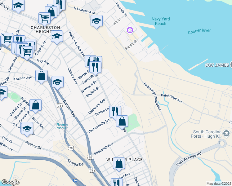 map of restaurants, bars, coffee shops, grocery stores, and more near 1806 Clements Avenue in North Charleston
