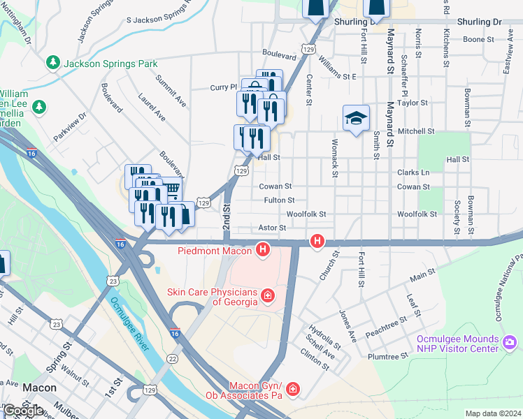 map of restaurants, bars, coffee shops, grocery stores, and more near 354 Woolfolk Street in Macon