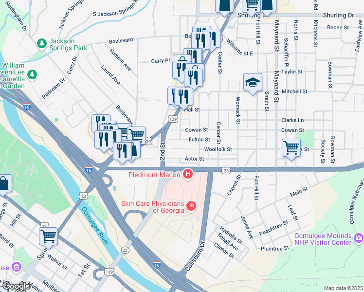 map of restaurants, bars, coffee shops, grocery stores, and more near 348 Woolfolk Street in Macon