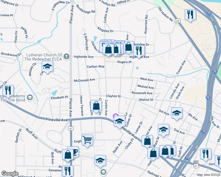 map of restaurants, bars, coffee shops, grocery stores, and more near 247 Corbin Avenue in Macon