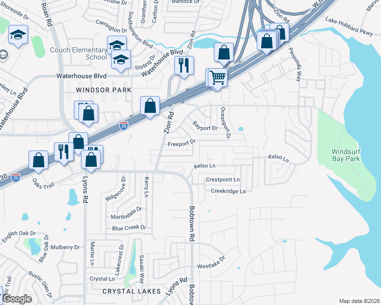 map of restaurants, bars, coffee shops, grocery stores, and more near 4613 Bridgeport Drive in Garland