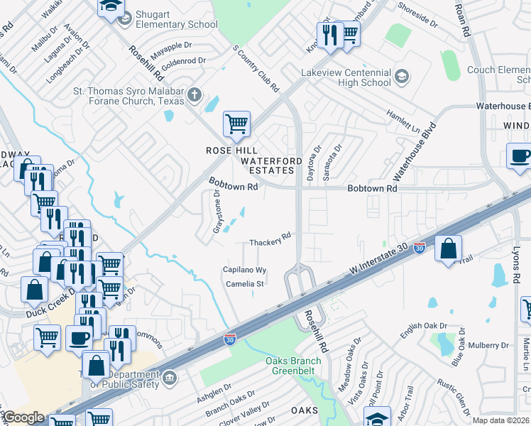 map of restaurants, bars, coffee shops, grocery stores, and more near 2802 Bobtown Road in Garland