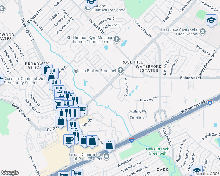 map of restaurants, bars, coffee shops, grocery stores, and more near in Garland