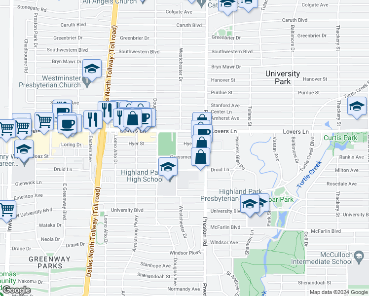 map of restaurants, bars, coffee shops, grocery stores, and more near 4119 Hyer Street in Dallas