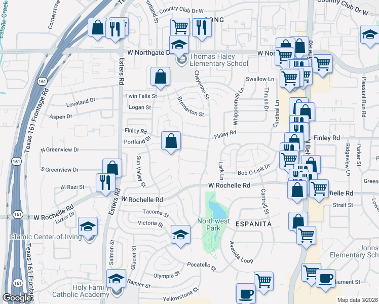 map of restaurants, bars, coffee shops, grocery stores, and more near 3822 Great Falls Court in Irving