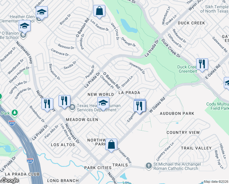 map of restaurants, bars, coffee shops, grocery stores, and more near 501 Stroud Lane in Garland