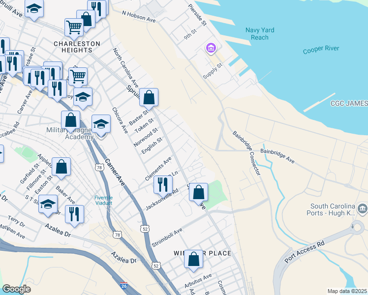 map of restaurants, bars, coffee shops, grocery stores, and more near 1824a Clements Avenue in North Charleston