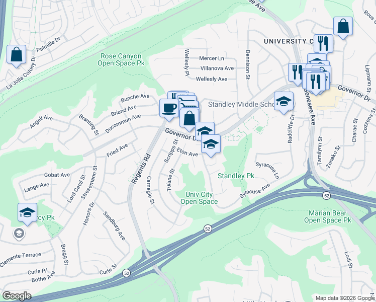 map of restaurants, bars, coffee shops, grocery stores, and more near 3334 Eton Avenue in San Diego