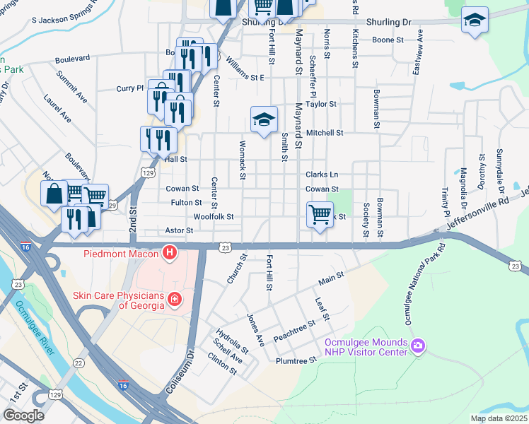 map of restaurants, bars, coffee shops, grocery stores, and more near 676 Woolfolk Street in Macon