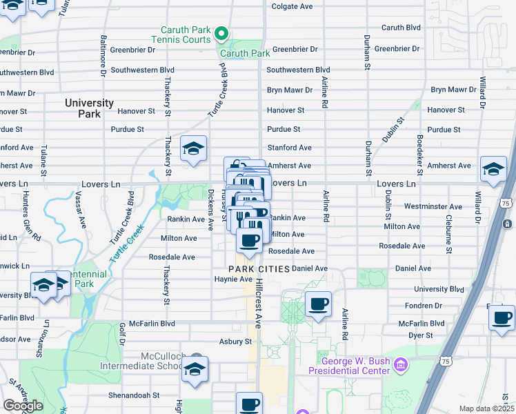 map of restaurants, bars, coffee shops, grocery stores, and more near 3415 Westminster Avenue in Dallas