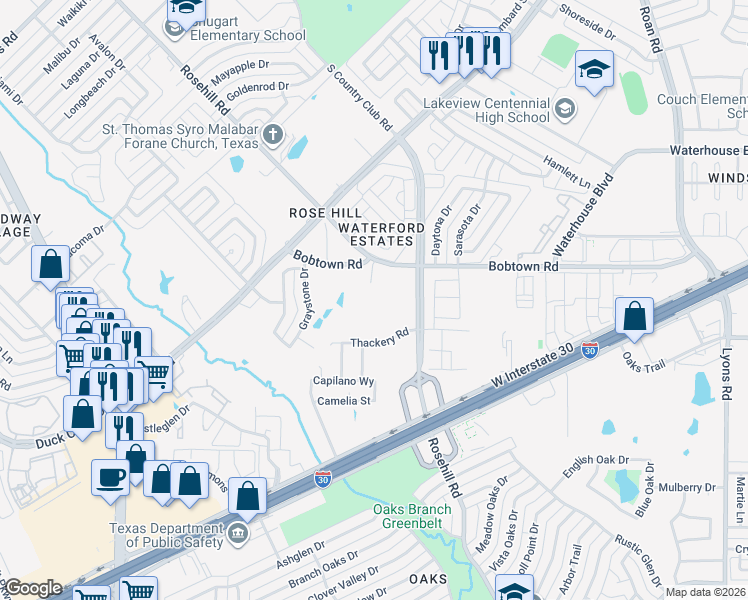 map of restaurants, bars, coffee shops, grocery stores, and more near 2802 Bobtown Road in Garland