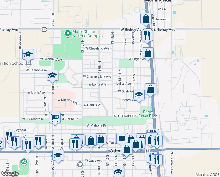 map of restaurants, bars, coffee shops, grocery stores, and more near 700 West Bush Avenue in Artesia