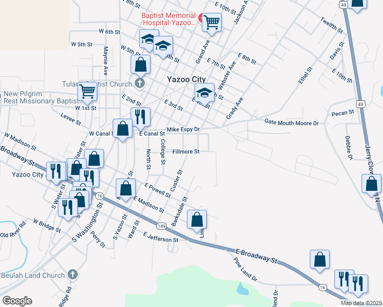 map of restaurants, bars, coffee shops, grocery stores, and more near 606 Fillmore Street in Yazoo City