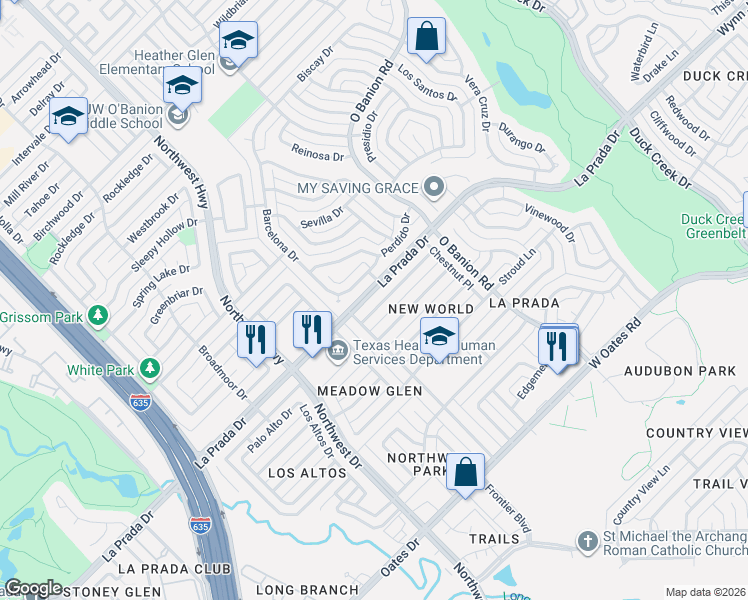 map of restaurants, bars, coffee shops, grocery stores, and more near 621 Asbury Park in Garland