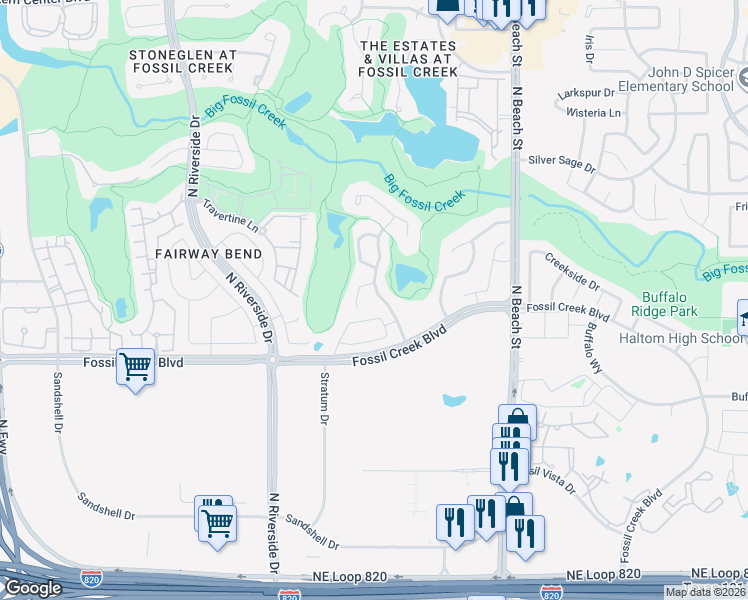 map of restaurants, bars, coffee shops, grocery stores, and more near 5735 Walnut Creek Drive in Fort Worth