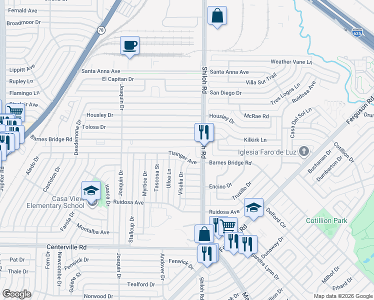 map of restaurants, bars, coffee shops, grocery stores, and more near 11311 Visalia Drive in Dallas