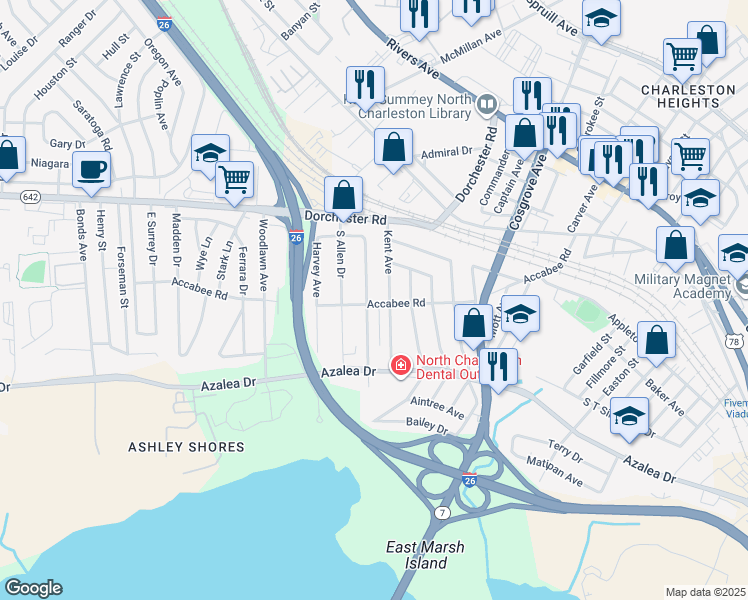 map of restaurants, bars, coffee shops, grocery stores, and more near 2335 Sorentrue Avenue in North Charleston