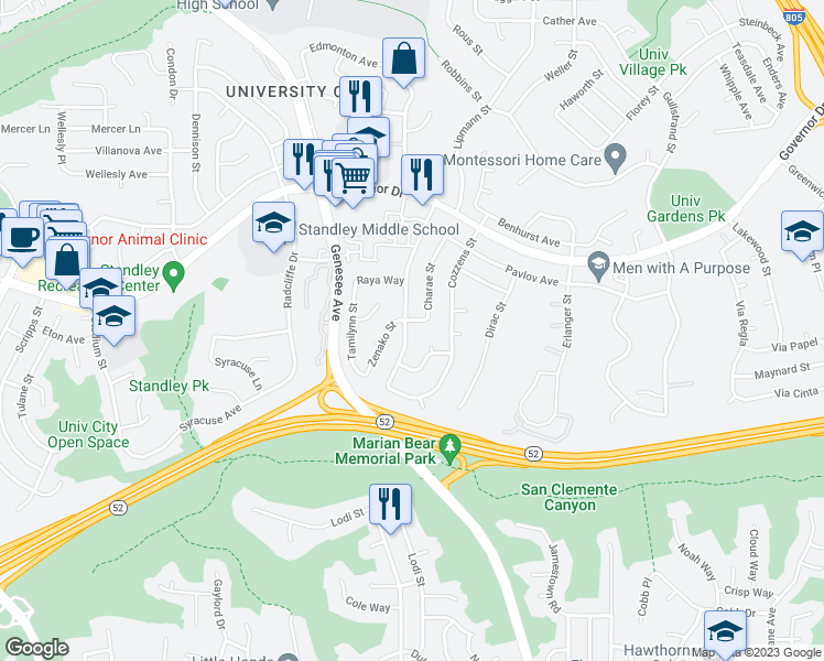 map of restaurants, bars, coffee shops, grocery stores, and more near 5977 Agee Street in San Diego