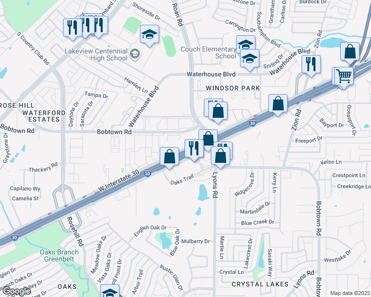 map of restaurants, bars, coffee shops, grocery stores, and more near 565 Interstate 30 Frontage Road in Garland