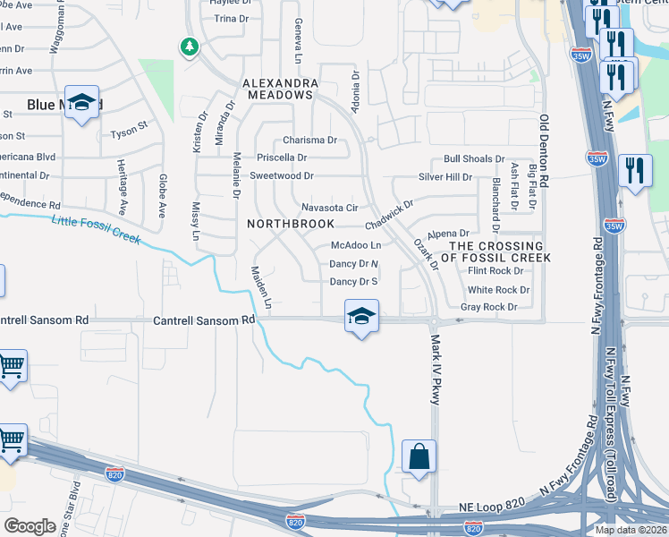 map of restaurants, bars, coffee shops, grocery stores, and more near 2408 Dancy Drive North in Fort Worth