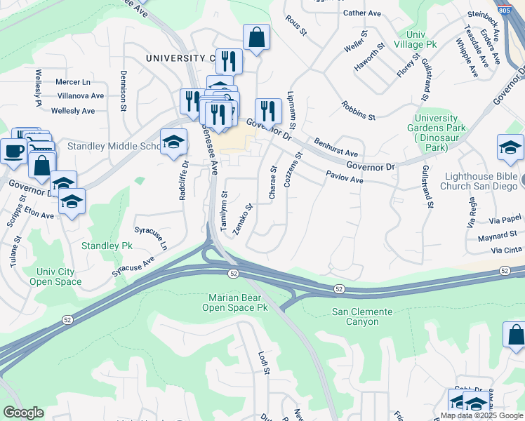 map of restaurants, bars, coffee shops, grocery stores, and more near 5977 Agee Street in San Diego