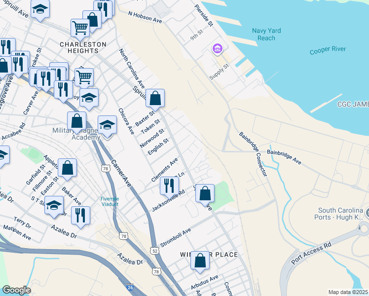 map of restaurants, bars, coffee shops, grocery stores, and more near 1824a Clements Avenue in North Charleston