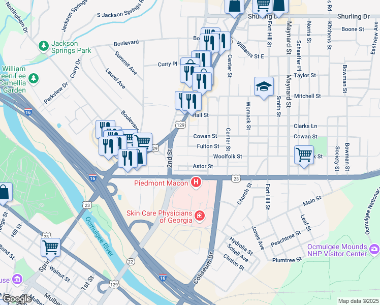 map of restaurants, bars, coffee shops, grocery stores, and more near 348 Woolfolk Street in Macon