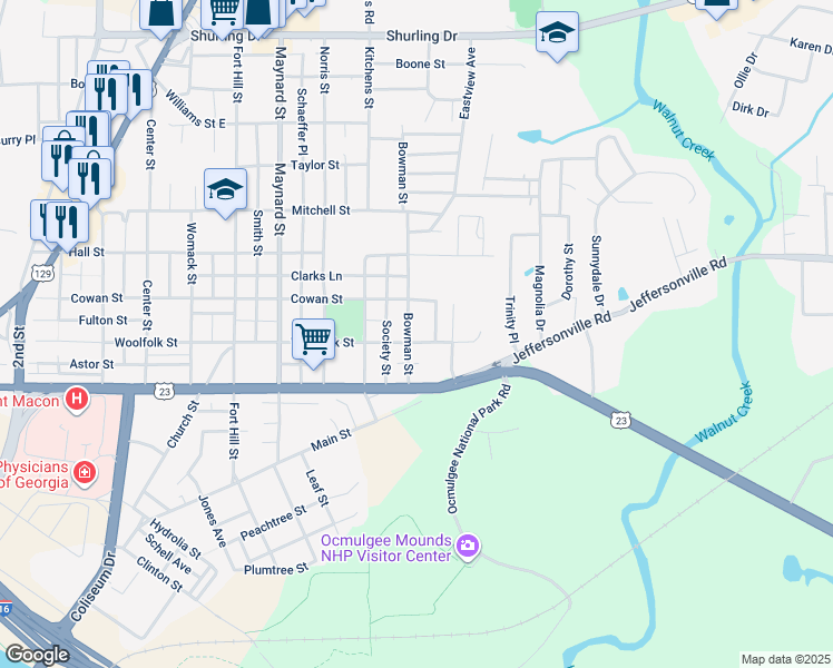 map of restaurants, bars, coffee shops, grocery stores, and more near 719 Bowman Street in Macon