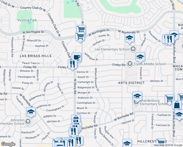 map of restaurants, bars, coffee shops, grocery stores, and more near 2126 Dennis Street in Irving