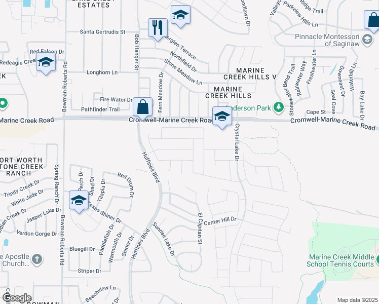 map of restaurants, bars, coffee shops, grocery stores, and more near 5601 Salt Springs Drive in Fort Worth