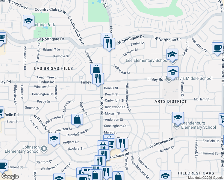 map of restaurants, bars, coffee shops, grocery stores, and more near 2226 Dennis Street in Irving