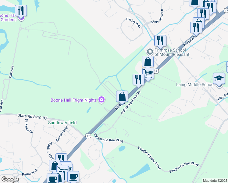 map of restaurants, bars, coffee shops, grocery stores, and more near in Mount Pleasant