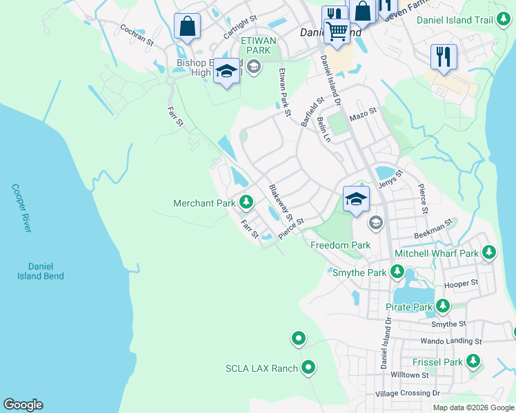 map of restaurants, bars, coffee shops, grocery stores, and more near 8021 Gibbon Street in Charleston