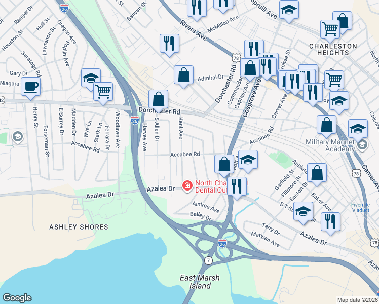 map of restaurants, bars, coffee shops, grocery stores, and more near 2214 Cambridge Avenue in North Charleston