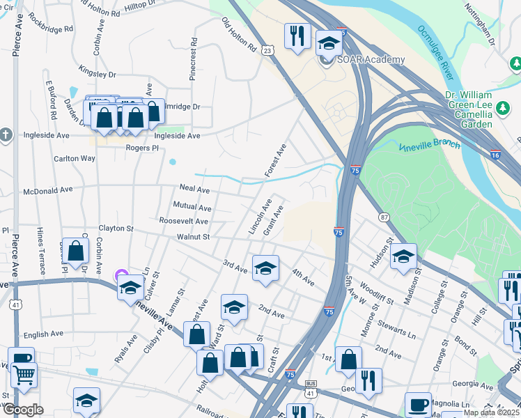 map of restaurants, bars, coffee shops, grocery stores, and more near 358 Lincoln Avenue in Macon
