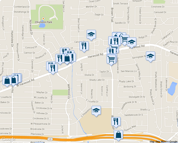 map of restaurants, bars, coffee shops, grocery stores, and more near 404 Miranda Terrace in Bedford